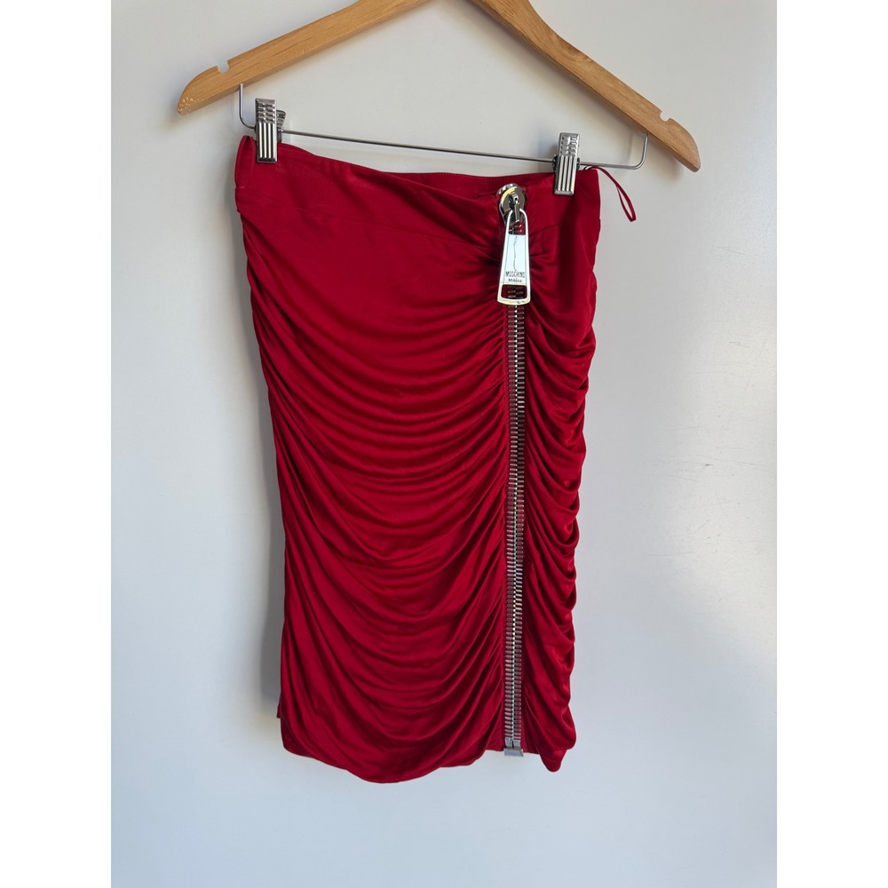Moschino Couture Red Ruched Mini Skirt Big Zipper Italy Women 6 statement RARE